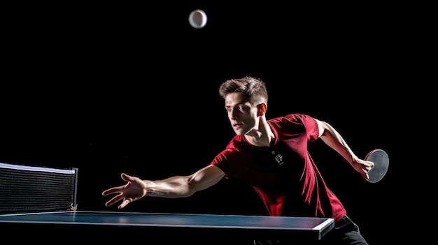 un homme en chemise rouge joue à une partie de tennis de table.