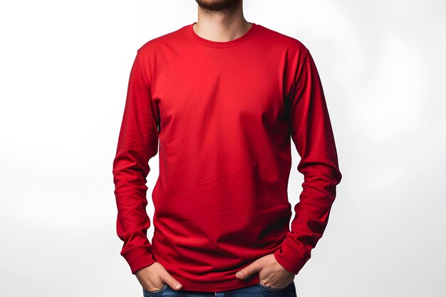 Photo un homme en chemise rouge pose pour une photo avec ses mains dans ses poches et ses mains dans sa poche