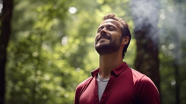 un homme en chemise rouge sourit et a une barbe