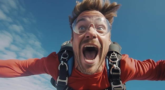 Un homme en chemise rouge vole avec un parachute et le ciel est bleu.