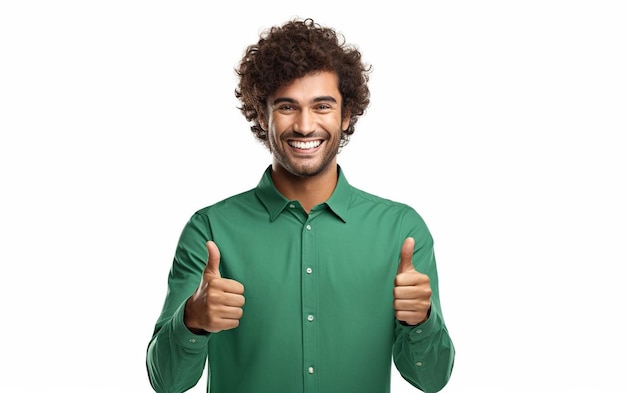 Un homme avec une chemise verte donnant le pouce vers le haut sur un fond blanc.