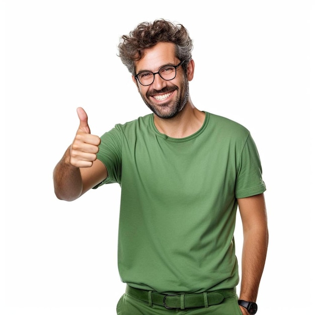 Un homme en chemise verte faisant un signe de pouce en l'air.
