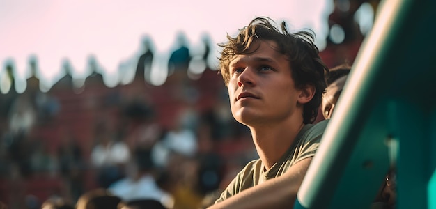 Un homme en chemise verte regarde une foule.