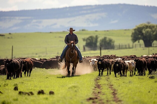 un homme à cheval chevauche un cheval dans un champ avec des vaches