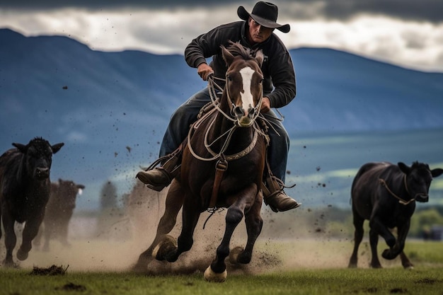 Photo un homme sur un cheval avec un cow-boy sur la tête