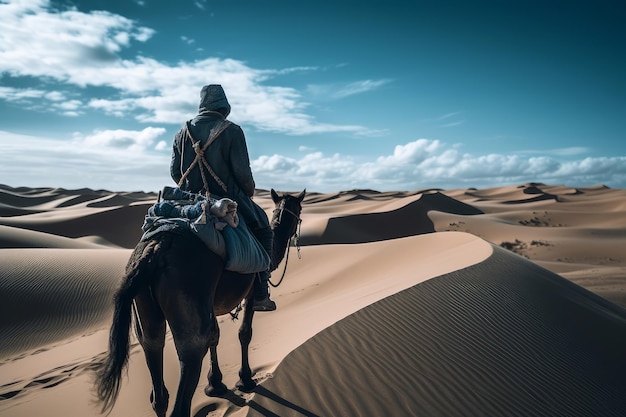 Un homme sur un cheval dans le désert du sahara