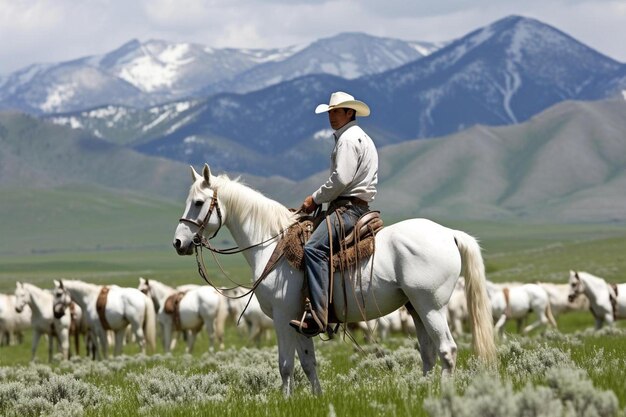 Photo un homme sur un cheval avec une montagne en arrière-plan