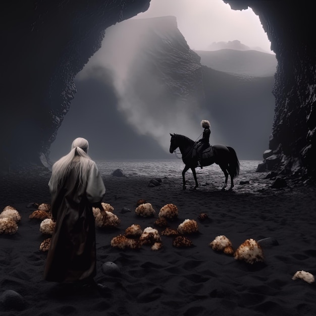 Photo un homme à cheval se tient devant une grotte avec un homme dessus