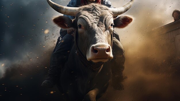 Photo un homme à cheval sur un taureau avec un cow-boy à l'arrière de sa tête