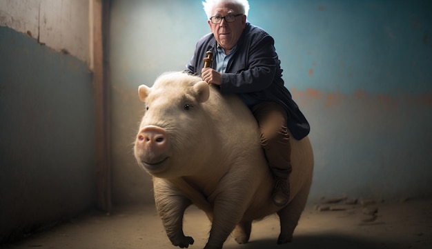 Un homme chevauchant un cochon avec un bâton à la main