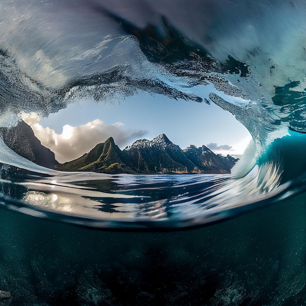 Homme chevauchant une vague au sommet d'une planche de surf générative ai