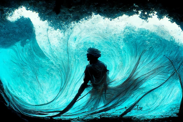 Homme chevauchant une vague au sommet d'une planche de surf générative ai