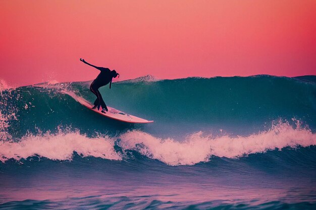 Homme chevauchant une vague au sommet d'une planche de surf générative ai