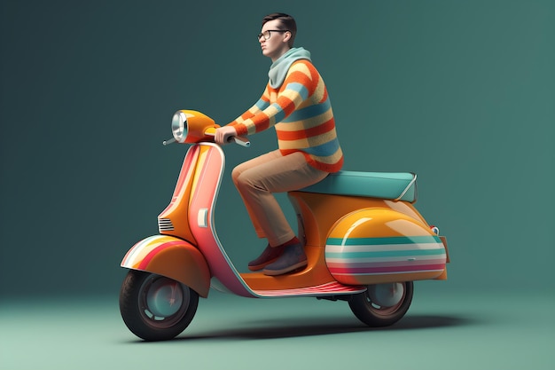 Un homme chevauchant une vespa avec un pull rayé coloré.