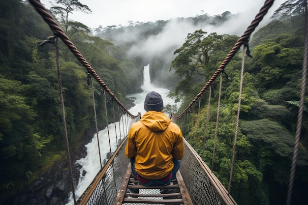 Photo un homme chevauche un pont en bois sur une rivière