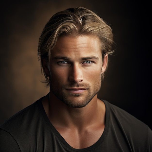 homme à cheveux longs et aux yeux bleus dans une chemise noire