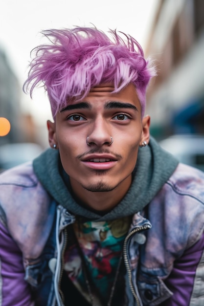 Un homme avec des cheveux violets et une chemise violette