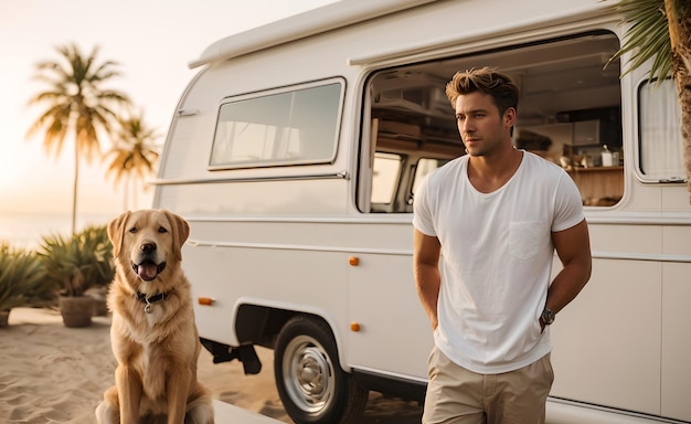 Un homme et un chien apprécient le coucher de soleil à côté d'un camping-car sur une plage sereine.