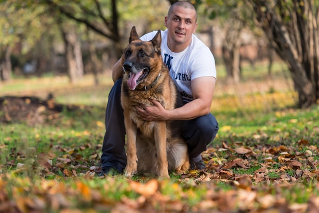 homme, à, chien, berger allemand