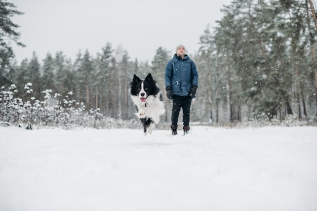 Homme avec un chien border collie noir et blanc dans la forêt enneigée