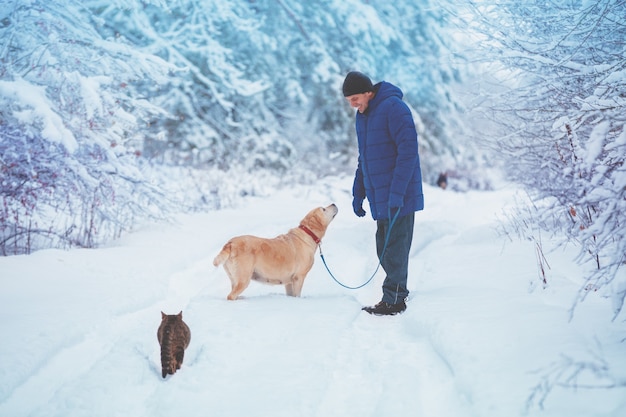 Homme avec chien et chat marchant dans une forêt de pins enneigée en hiver