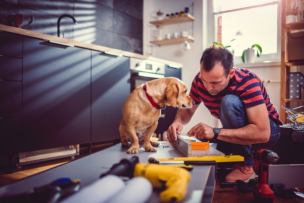 Homme, à, chien, construction, armoires cuisine