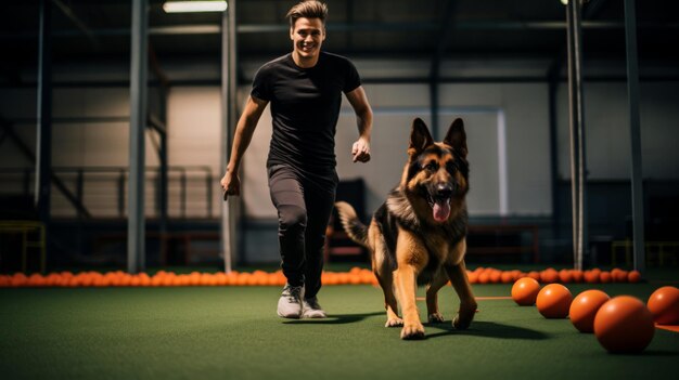 un homme et un chien jouent avec des balles orange