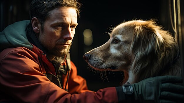 Photo un homme avec un chien labrador.