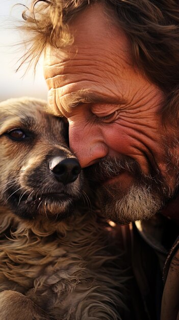 Photo un homme et un chien s'embrassent et l'un porte un collier