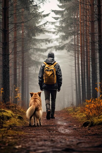 un homme avec un chien se promène à travers la forêt vue arrière