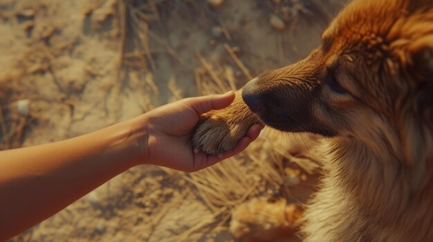 Photo l'homme et le chien se serrent la main.