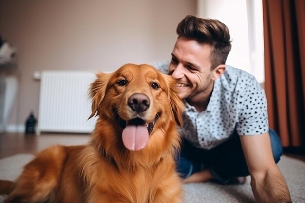 Photo un homme et un chien sourient et posent pour une photo