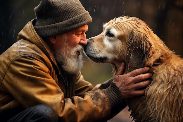 Photo homme et chien sous la pluie