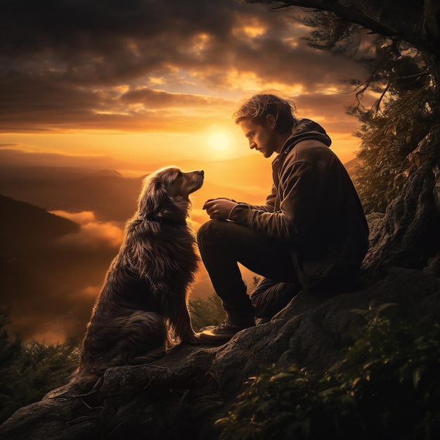 Homme et chien sur le terrain au coucher du soleil Amitié entre les personnes et les animaux Concept de la Journée mondiale des animaux