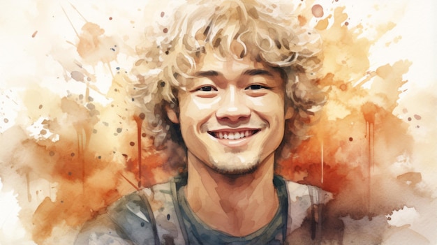 Homme chinois adulte souriant avec des cheveux bouclés blonds Illustration aquarelle Portrait d'une personne occasionnelle sur fond blanc avec espace de copie Illustration horizontale photoréaliste générée par Ai