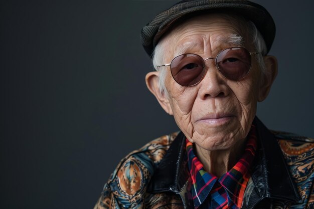 Un homme chinois âgé a l'air jeune dans un portrait de studio portant des vêtements à la mode et équipé de lunettes de soleil et d'une casquette