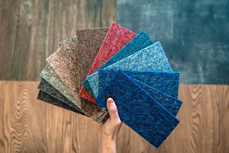 Photo l'homme choisit la couleur du nouveau tapis en fonction du livre de motifs de la boutique de revêtements de sol