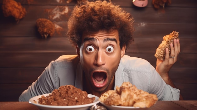 Photo un homme choqué tenant la bouche ouverte et regardant la nourriture et détournant le regard