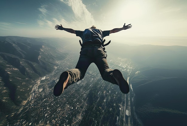 un homme en chute libre avec ses mains devant lui