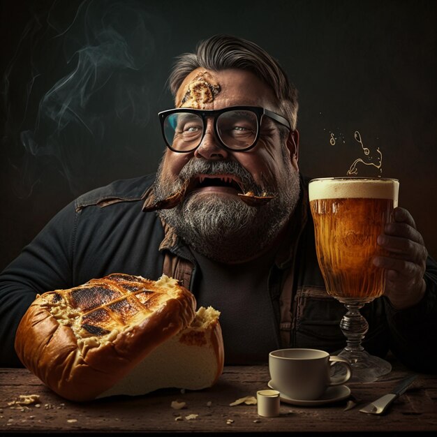 Un homme avec un cigare et un verre de bière est assis à une table.