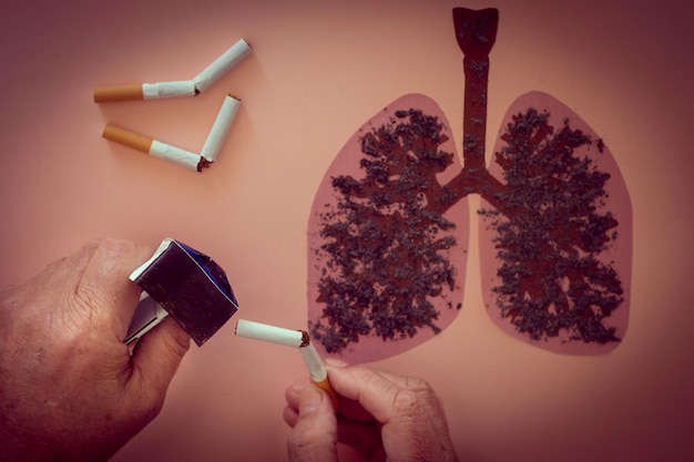 Homme avec une cigarette cassée dans les mains la nicotine endommage les poumons endommagés par la fumée Journée mondiale sans tabac