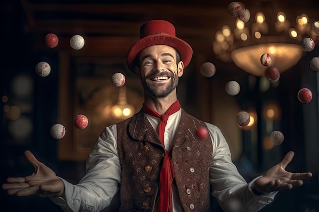 homme de cirque souriant jongleur et acrobate avec des boules colorées dans un cirque avec un chapeau