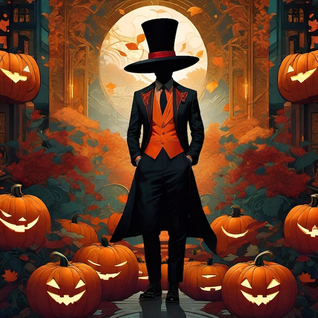 Homme citrouille avec chapeau de magicien et costumes sur le thème d'Halloween