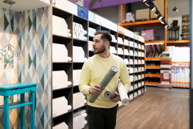 Homme client satisfait à côté d'un rack avec du papier peint pour coller les murs