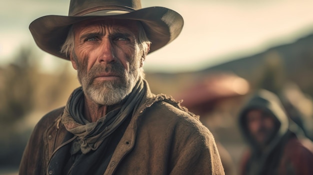 Un homme coiffé d'un chapeau de cow-boy se tient devant une montagne.