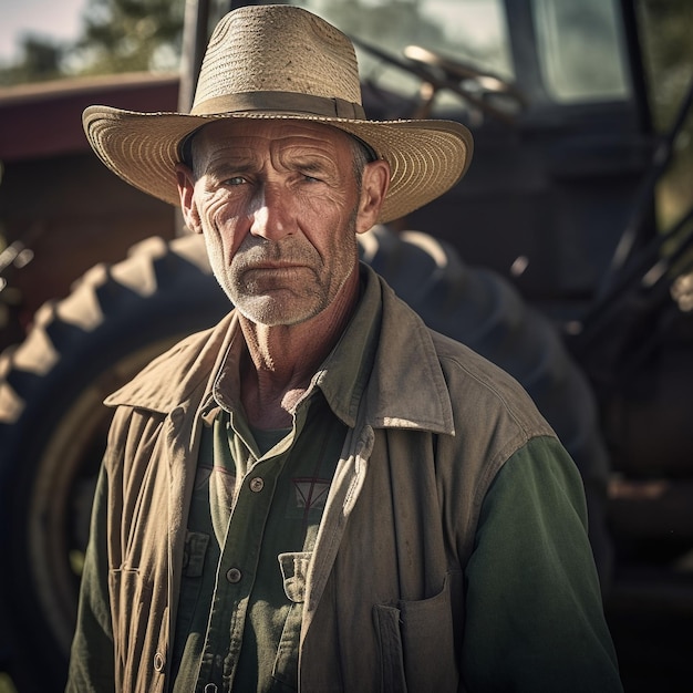 Un homme coiffé d'un chapeau de cow-boy se tient devant un tracteur.