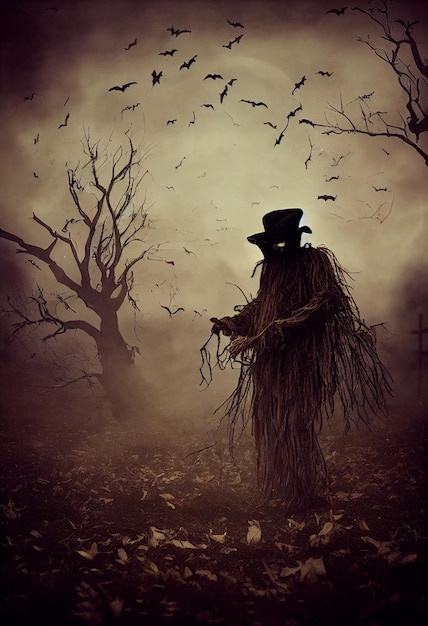 Un homme coiffé d'un chapeau haut de forme se tient devant un cimetière effrayant entouré de chauves-souris.
