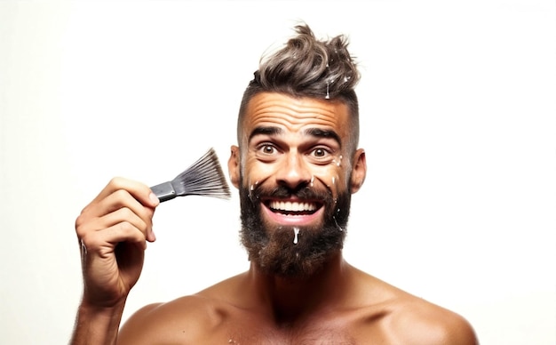 Homme coiffure peigne studio portrait coiffeur fond caucasien blanc barbier surpris cheveux IA générative