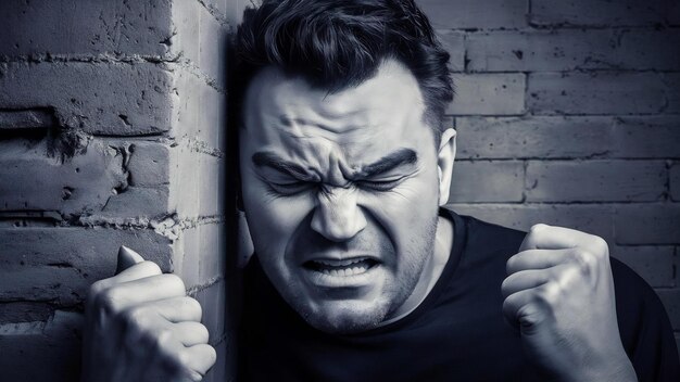 Photo un homme en colère appuyant sa tête contre un mur.