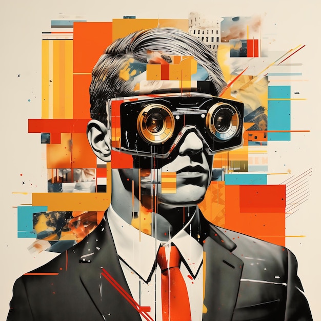 Homme de collage d'art avec des lunettes et un costume